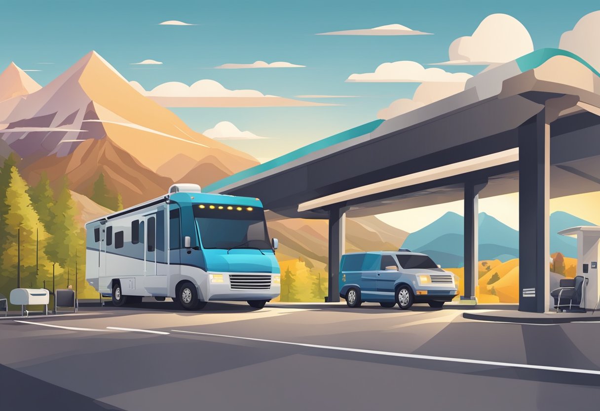 An RV approaching a toll booth with various payment methods ready, including cash, credit cards, and electronic passes. The toll road is surrounded by scenic landscapes and other vehicles