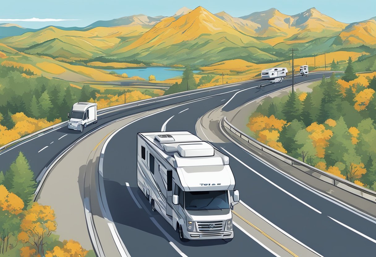 An RV driving on a toll road with a navigation tool displaying RV-friendly routes and toll information. The road is surrounded by scenic landscapes and clear blue skies