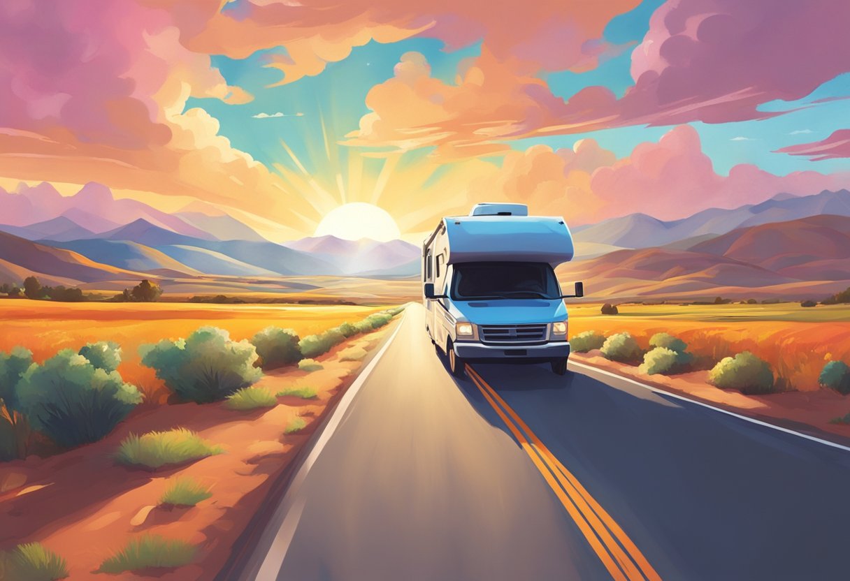 An open road stretches out ahead, with a colorful RV cruising along. The sun is shining, and the landscape is filled with endless possibilities