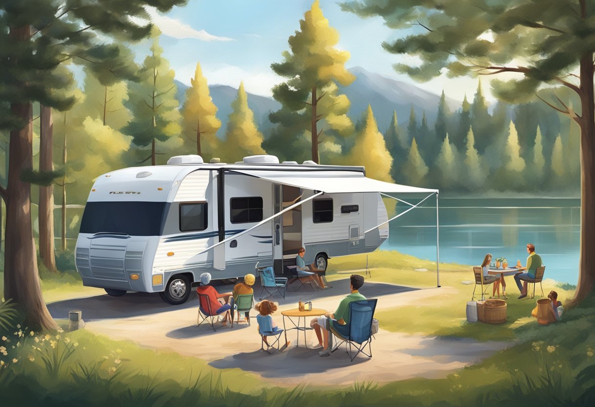 An RV parked in a spacious campground, surrounded by trees and a calm lake. A family sits outside under an awning, enjoying the comfort and convenience of their own mobile home