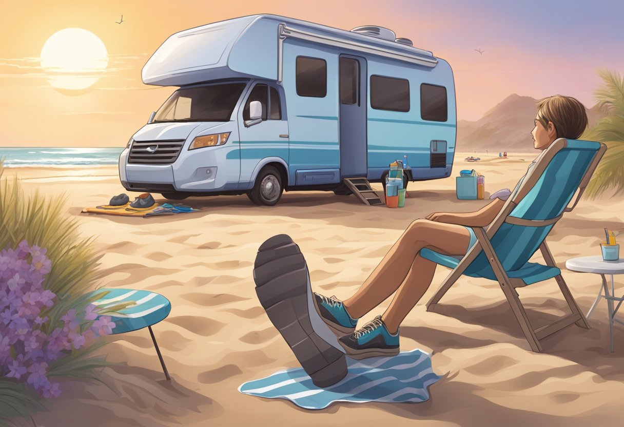 A person rinses their feet at a station near an RV, surrounded by sandy ground and beach chairs