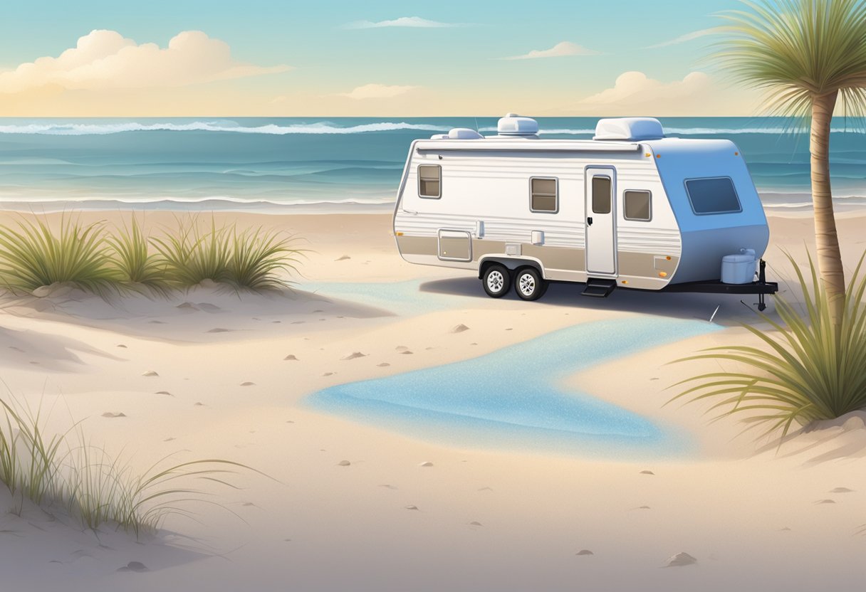 A small RV parked on a sandy beach. A trail of baby powder is sprinkled around the perimeter, creating a barrier to keep sand out