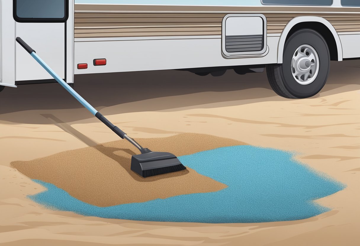 A rubber door mat placed outside an RV, with seven small piles of sand being swept away by a broom