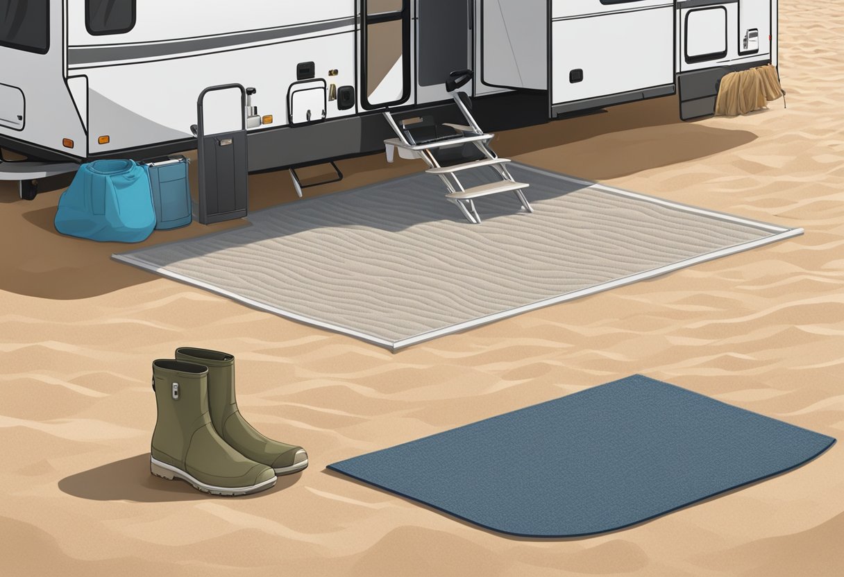 A portable foot shower sits outside an RV, surrounded by sandy ground. A mat is placed in front of the shower, with shoes neatly arranged beside it