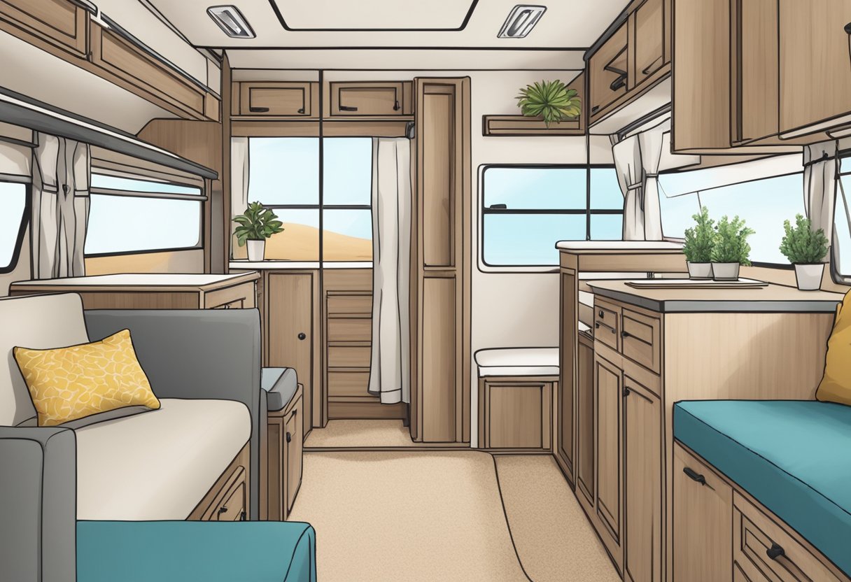 A row of canvas shoe storage compartments inside an RV, with sand being kept out using various tips