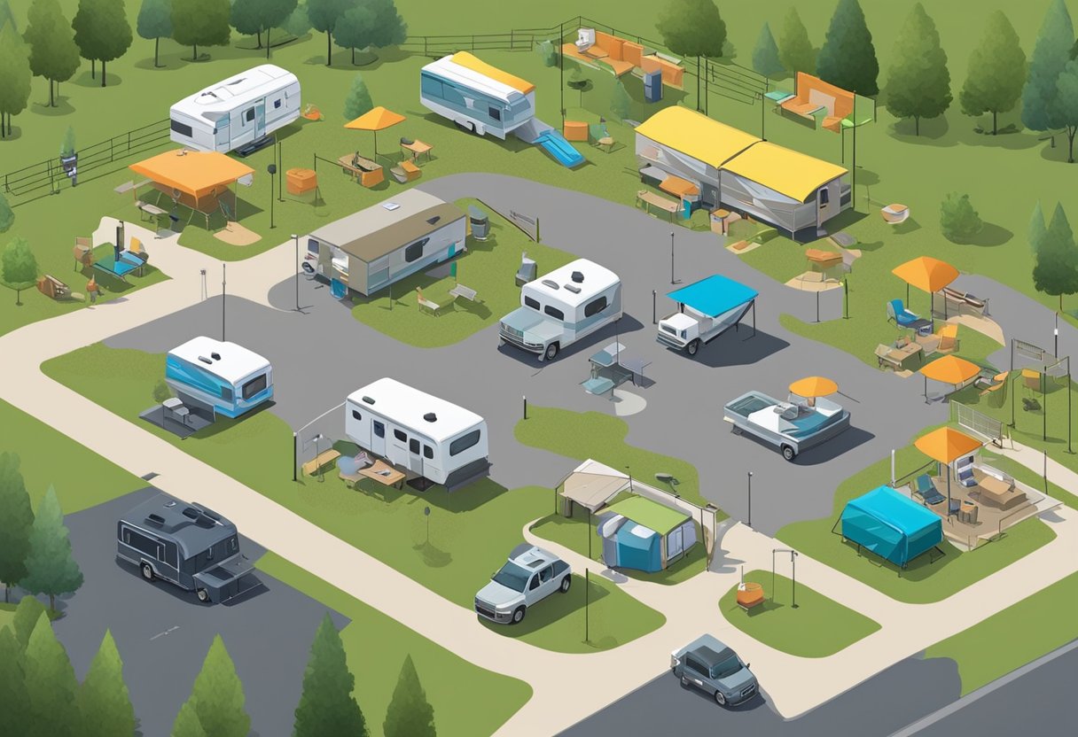 A colorful RV park with labeled hookups, including water, sewer, and electric connections. Each site is equipped with a picnic table and fire pit