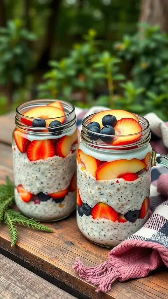 Jars of overnight oats with seasonal fruits on a rustic table in a camping setting.