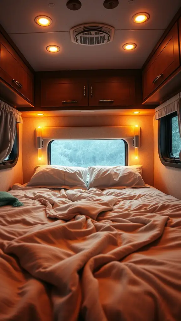 Cozy RV bedroom with warm ambient lighting and a neatly made bed.