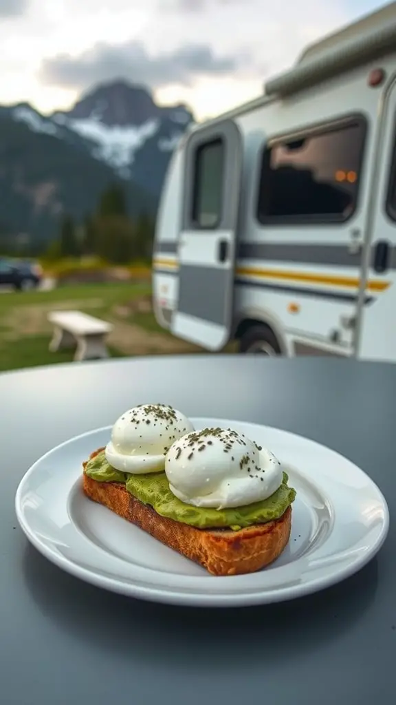 A plate of avocado toast topped with poached eggs