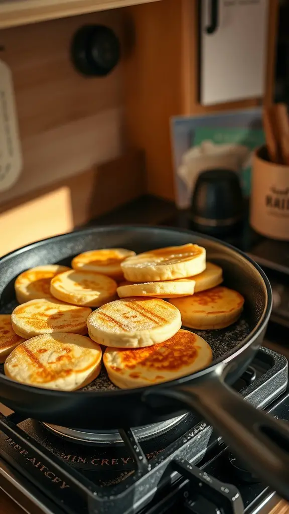 Fluffy banana pancakes cooking in a cast iron skillet