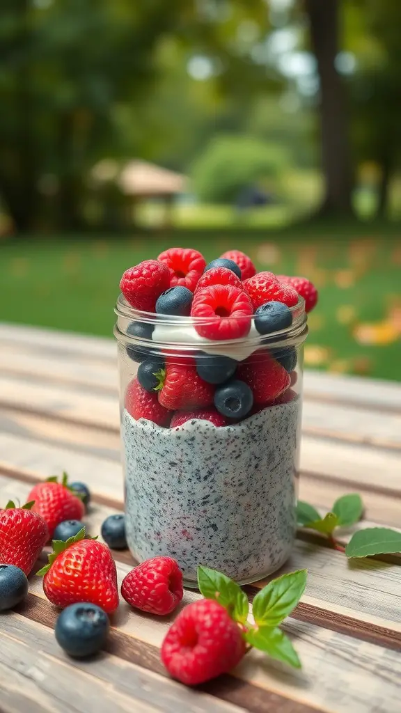 A jar of berry chia seed pudding topped with fresh berries