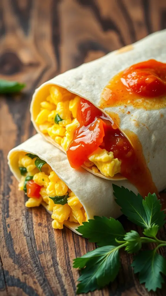 Two breakfast burritos filled with scrambled eggs and salsa on a wooden surface.