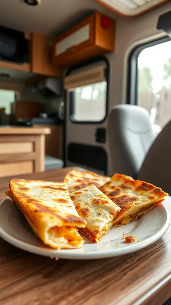 A delicious breakfast quesadilla with cheese and vegetables served on a plate.