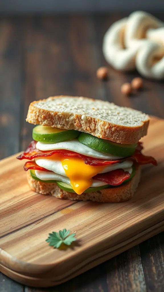 A delicious breakfast sandwich featuring avocado, bacon, and egg on whole grain bread.