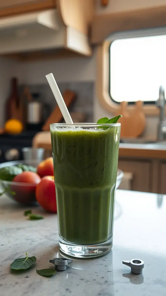 A green breakfast smoothie in a glass, showcasing spinach and fruits