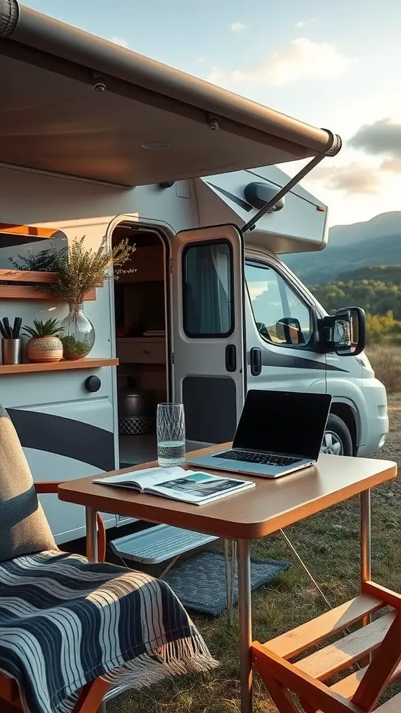 An outdoor workspace set up with a laptop, glass of water, and a book near an RV under an awning.