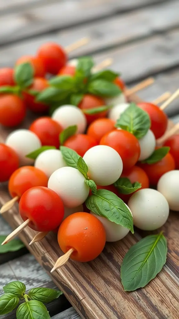 Caprese breakfast skewers with cherry tomatoes, mozzarella balls, and basil leaves on a wooden board.