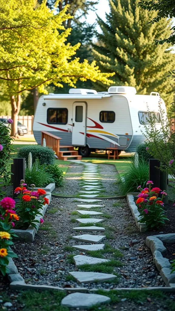 A beautiful garden pathway leading to an RV surrounded by trees and flowers.