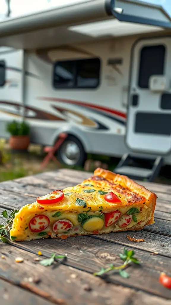 A slice of cheese and veggie breakfast frittata