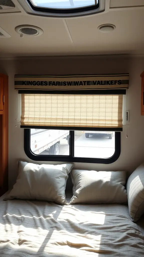 Window treatments in an RV bedroom with soft lighting and pillows