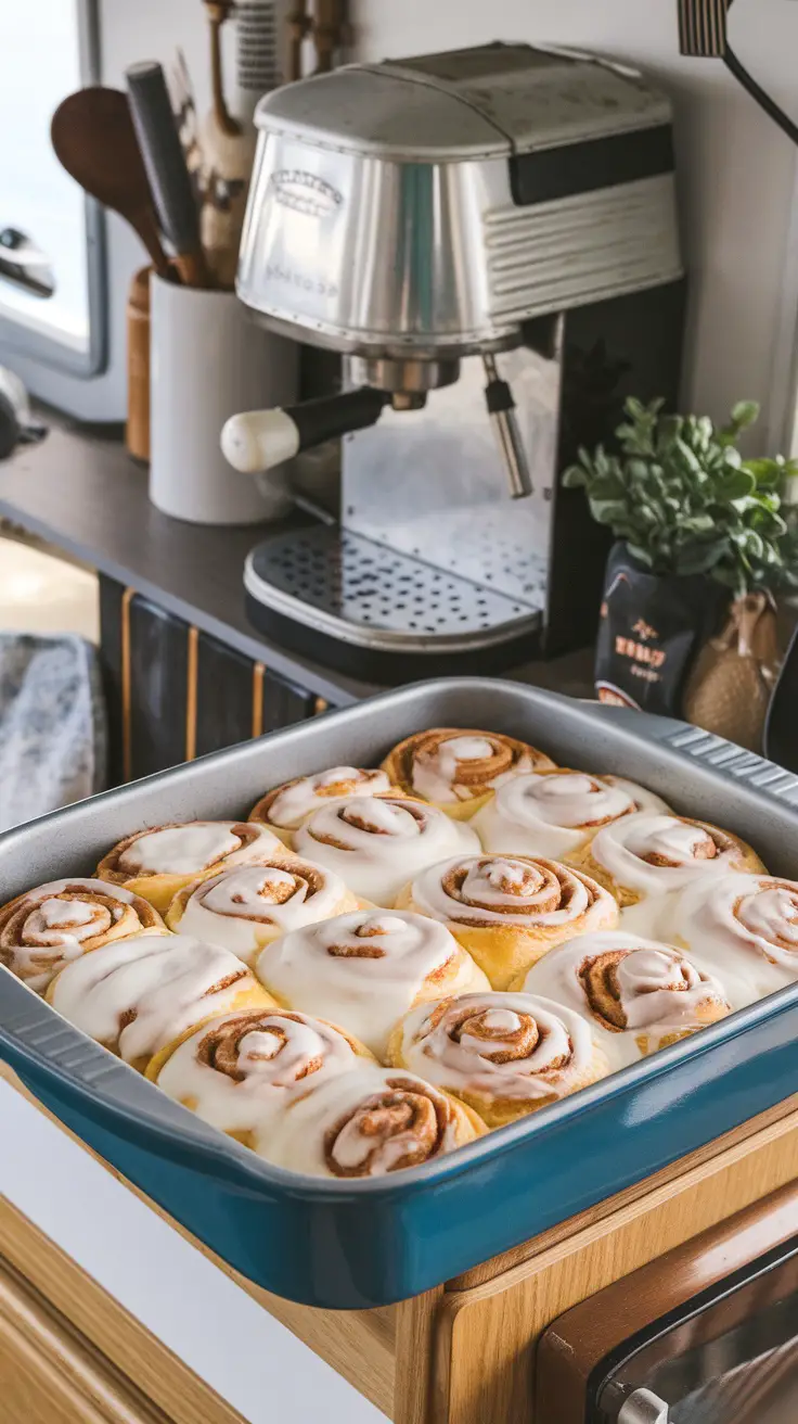 A delicious cinnamon roll casserole, baked and topped with icing, perfect for a quick breakfast.