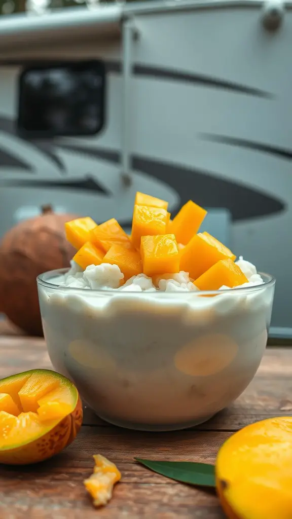 Bowl of coconut rice pudding topped with fresh mango cubes.