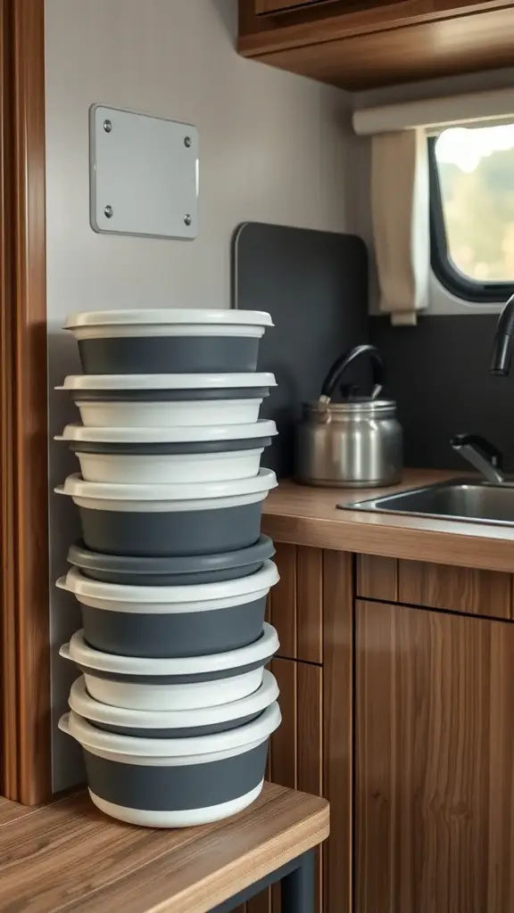 Stacked collapsible kitchenware in a modern RV kitchen