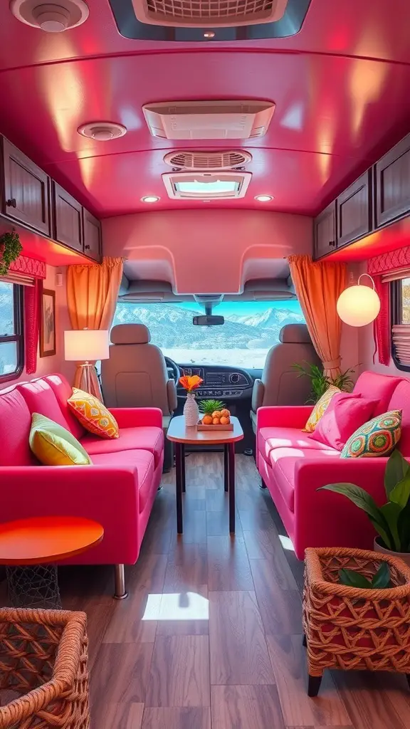 A vibrant RV living room with pink sofas, colorful cushions, and natural light.