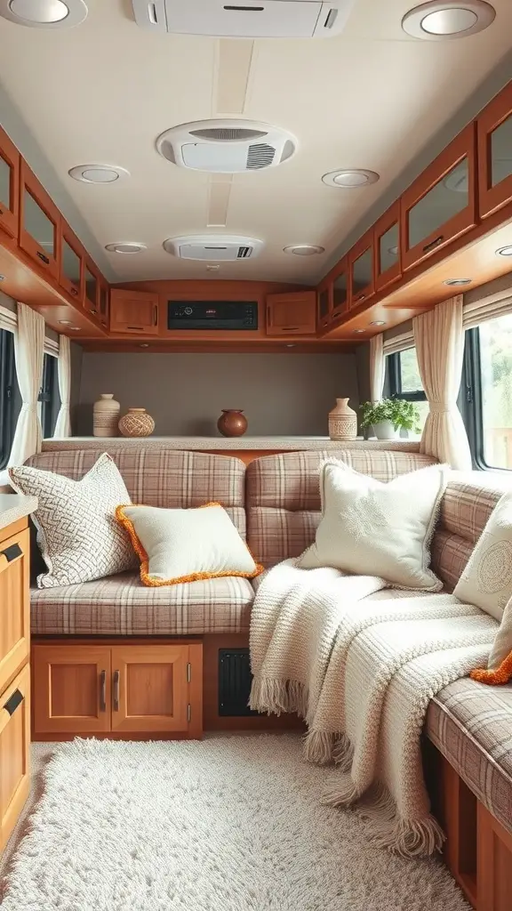 Cozy RV living room with soft textiles and cushions