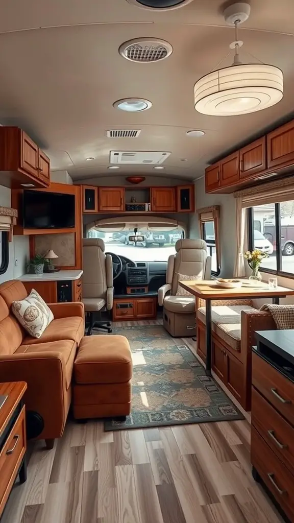 An inviting RV living room with cozy seating and a table, perfect for remote work and family gatherings.