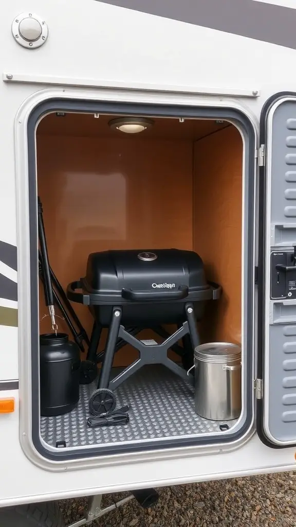 Image showing a compact grill neatly stored inside an RV cabinet.