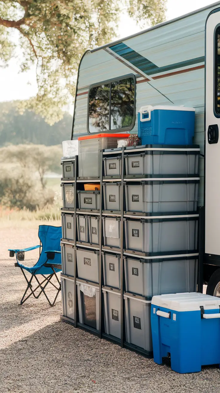 Organized storage in an RV with various bins and baskets