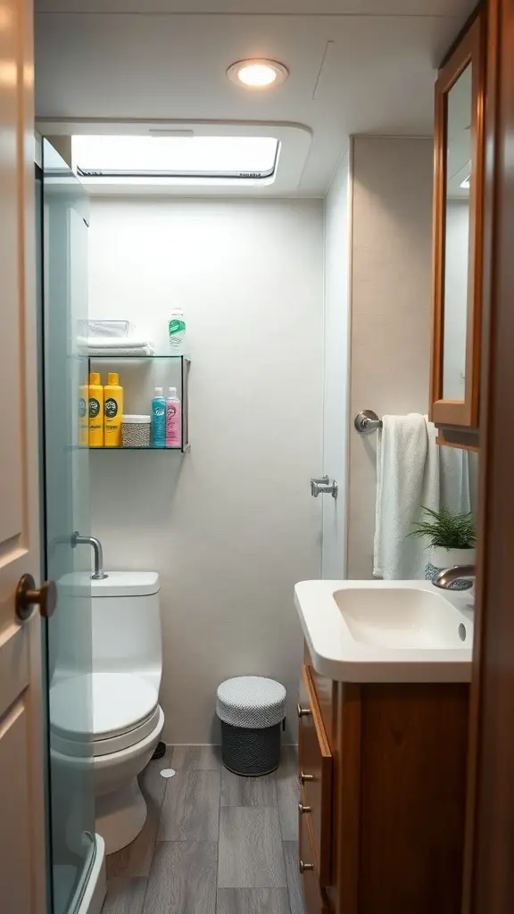 An organized RV bathroom showcasing toiletries on a shelf and a clean layout.