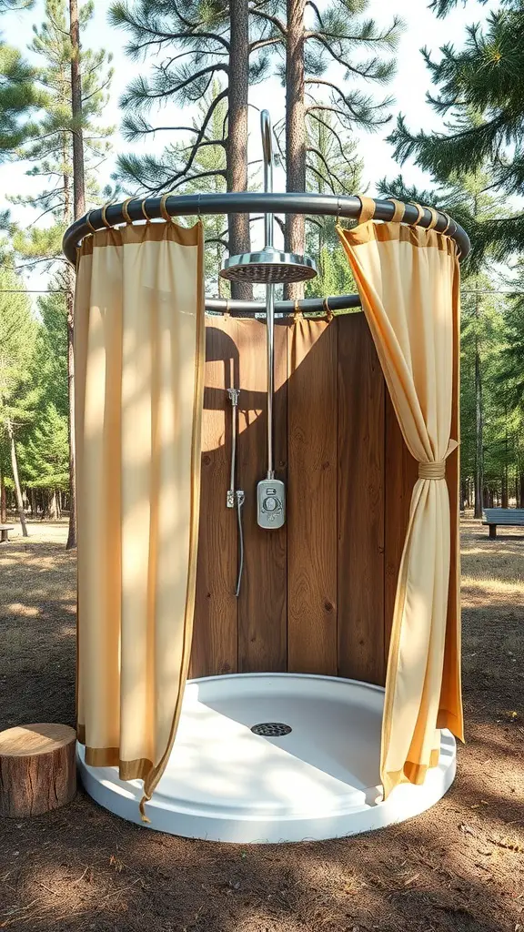 Outdoor shower area with curtains and a showerhead surrounded by trees