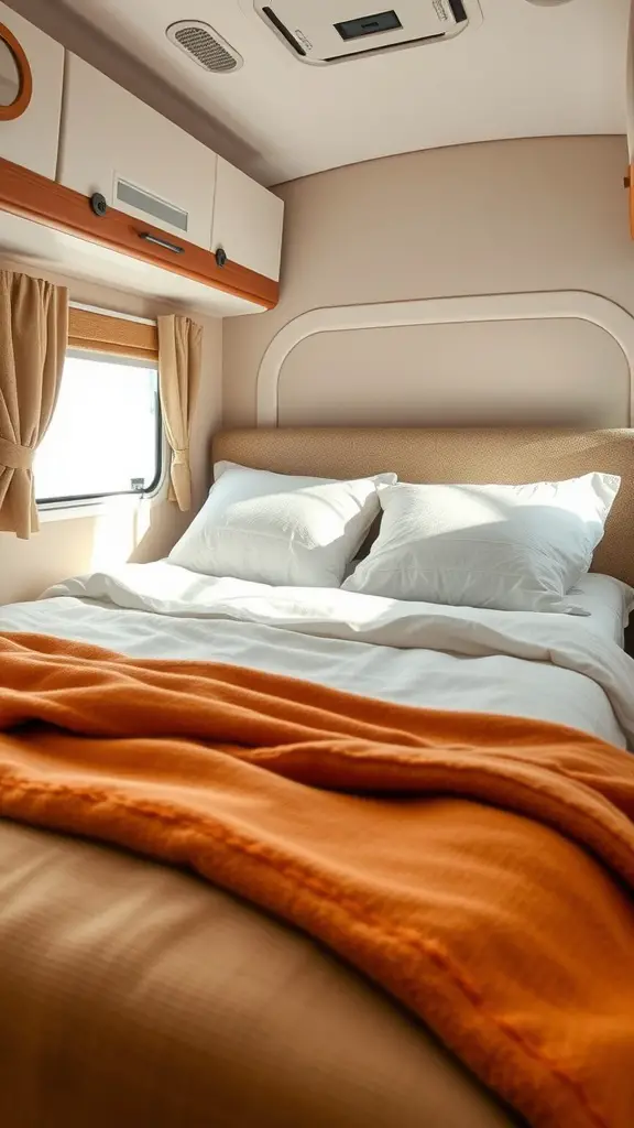 A cozy RV bedroom with white bedding and an orange throw blanket.