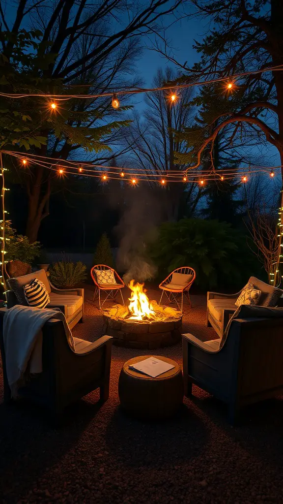 A cozy campfire lounge area with chairs and string lights at night