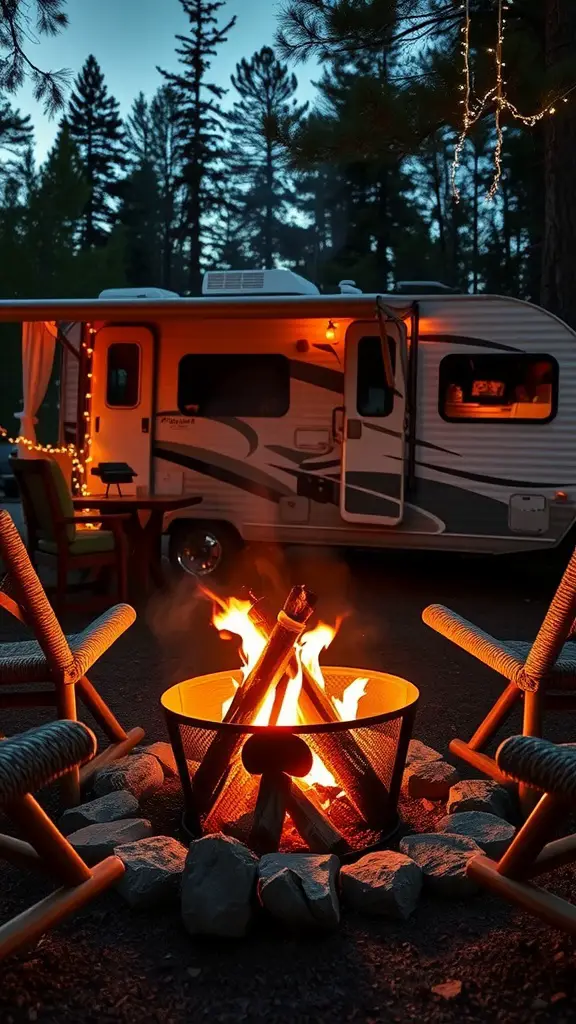 Cozy campfire setup with chairs and a glowing fire near an RV