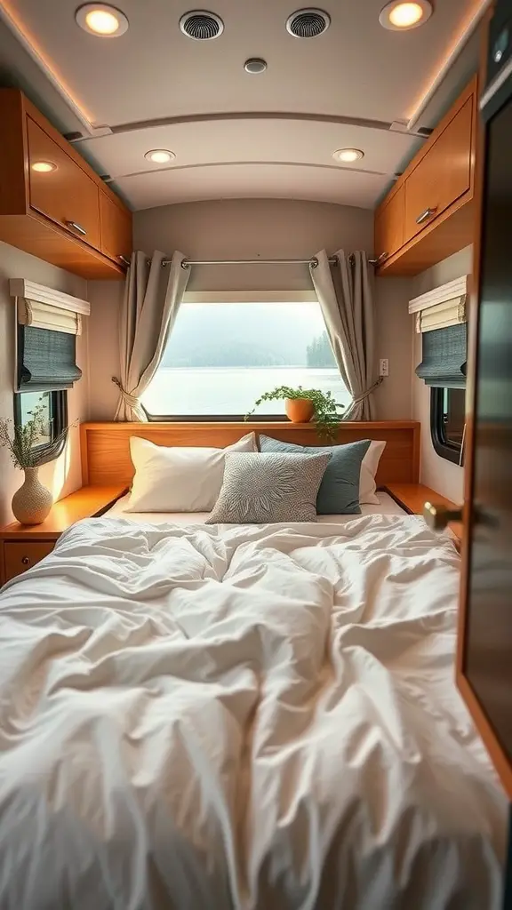 Cozy RV bedroom with soft bedding and a calming view.