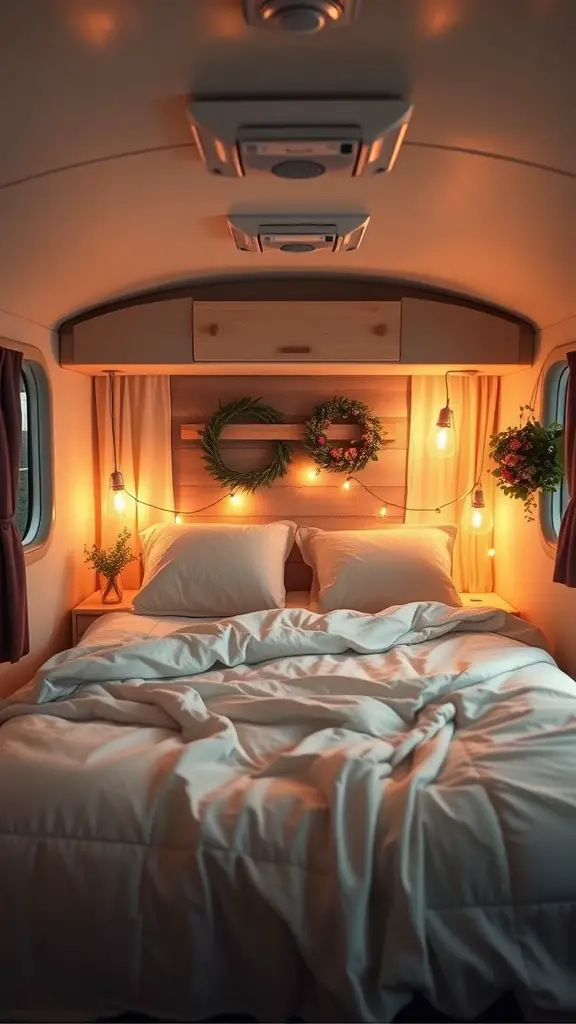 Cozy RV bedroom with soft lighting and decor for a romantic atmosphere.