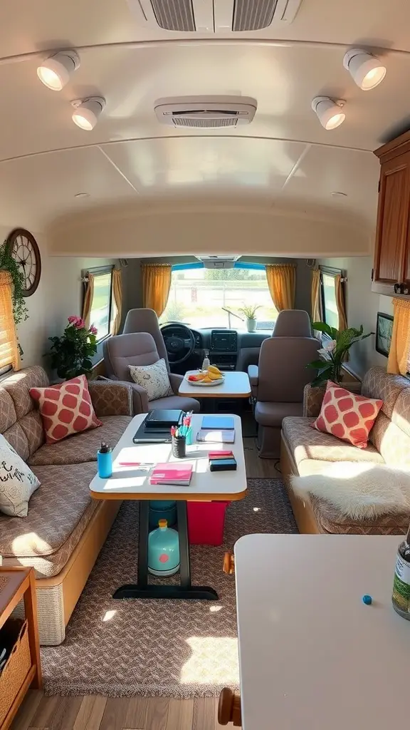 A bright and cozy RV living room setting with a table and colorful cushions, perfect for family gatherings.