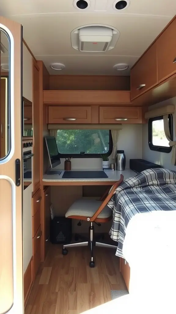 Cozy RV workspace with a desk, chair, and storage.