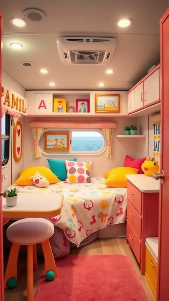 A colorful and cozy kid-friendly sleeping area in an RV, featuring a bed with fun bedding, bright cushions, and cheerful decorations.