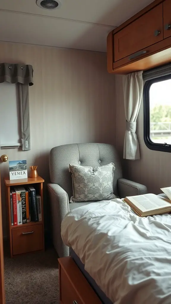 A cozy RV bedroom reading nook with a comfortable chair, bookshelf, and an open book.