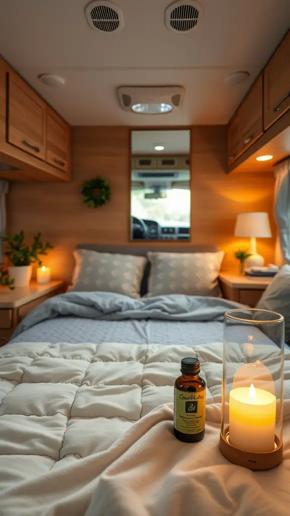 A cozy RV bedroom featuring a candle and essential oil on a blanket, creating a warm ambiance.