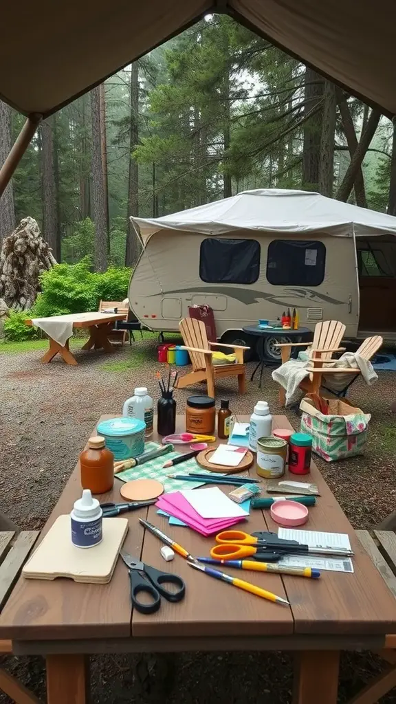 An outdoor crafting space with various supplies set on a wooden table near an RV.