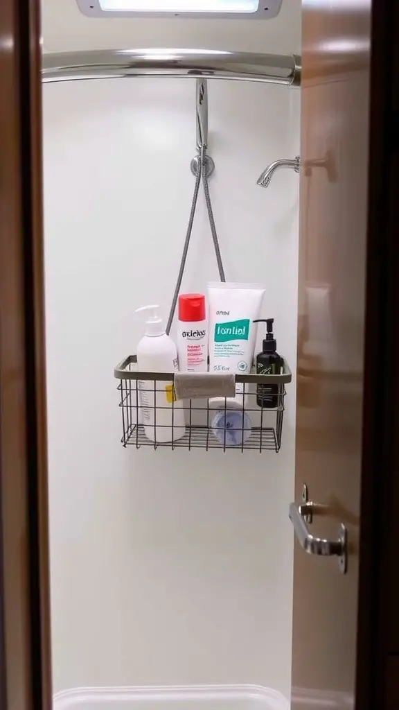 Shower caddy hanging in an RV bathroom, holding various toiletries.