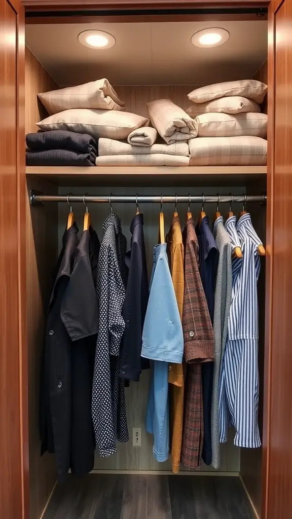 A well-organized closet with shelves and hanging clothes in an RV.