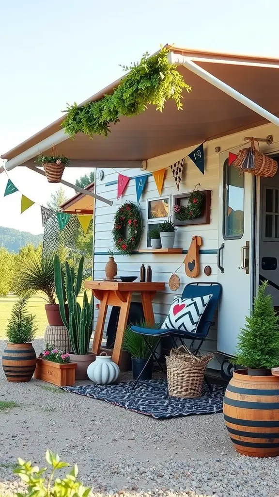 An RV outdoor space decorated with plants, a rustic table, and colorful banners.