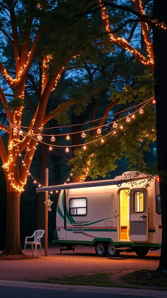 An RV surrounded by decorative fairy lights in a wooded area at night.