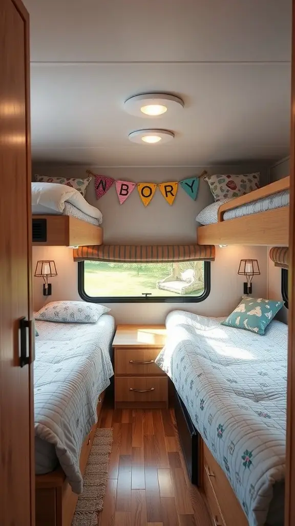 A cozy RV bedroom with two twin beds, playful decorations, and natural light.